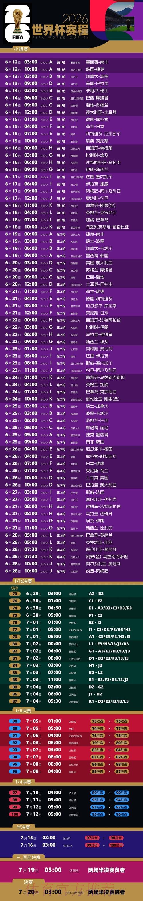 2026世界杯比赛时间高清版完整安排怎么看 2026世界杯比赛时间高清版完整安排怎么看